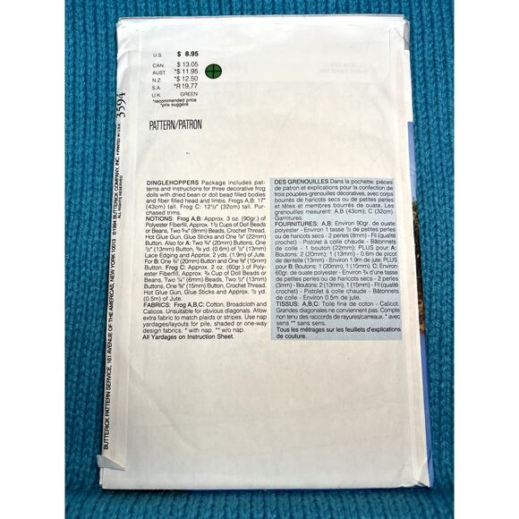 Butterick 3594 Country Frogs plush decorative sewing pattern - Picture 3 of 5